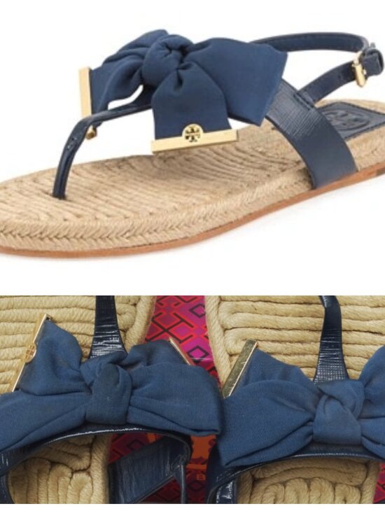Tory Burch Shoes - TORY BURCH 8M Penny Flat Bow Espadrille Thong Sandals, navy blue